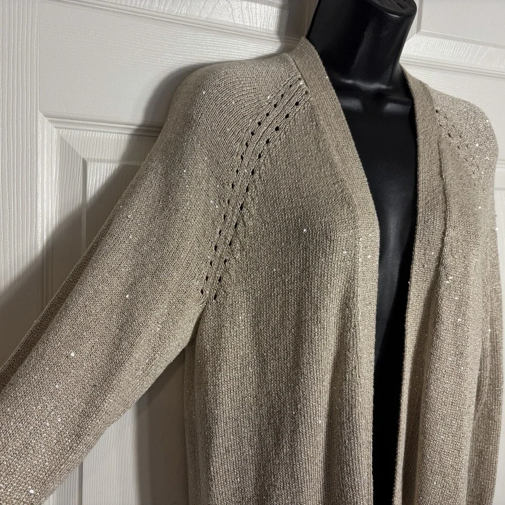 Banana Republic Open Front Cardigan Women M Gold Sequin Knit Sweater Pockets Top